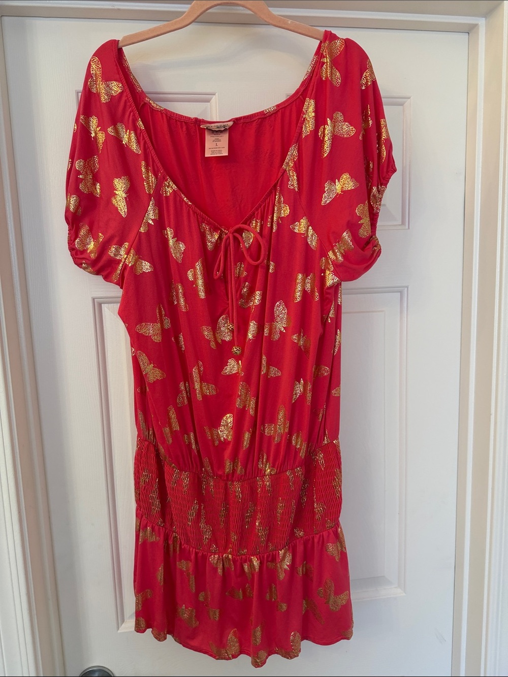 Juicy Couture Hot pink & gold butterflies cap sleeve,smocked & full skirt,size L